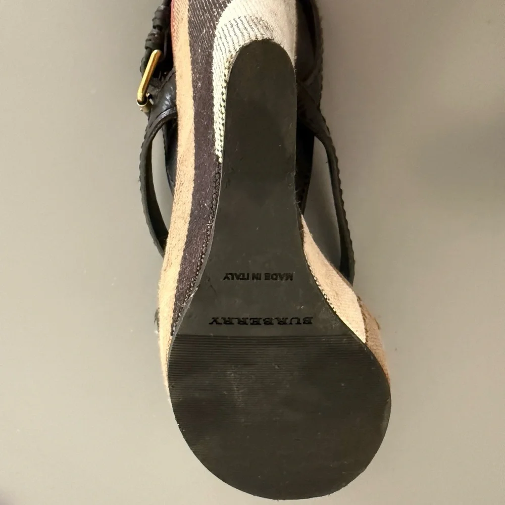 Burberry Black and Tan Plaid Wedge Sandals - Picture 2 of 5